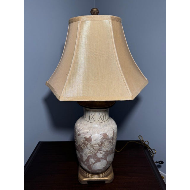 Late 20th Century Tall Gilded Urn Form Pottery Table Lamp With Shade For Sale - Image 4 of 6