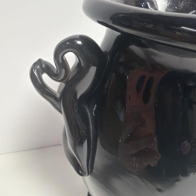 1960s Hand Blown Black Art Glass Double Handled Vase 9 Tall Pontil Mark Unsigned For Sale - Image 4 of 11