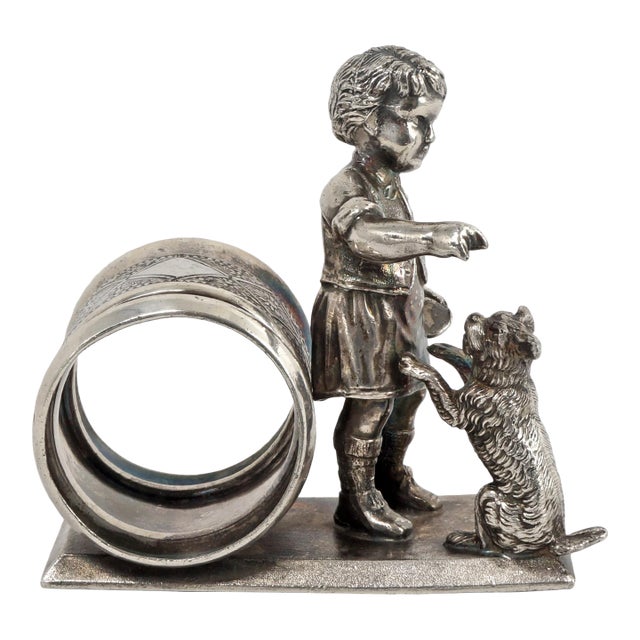 Victorian Silverplate Meriden Napkin Ring Child and Begging Dog For Sale