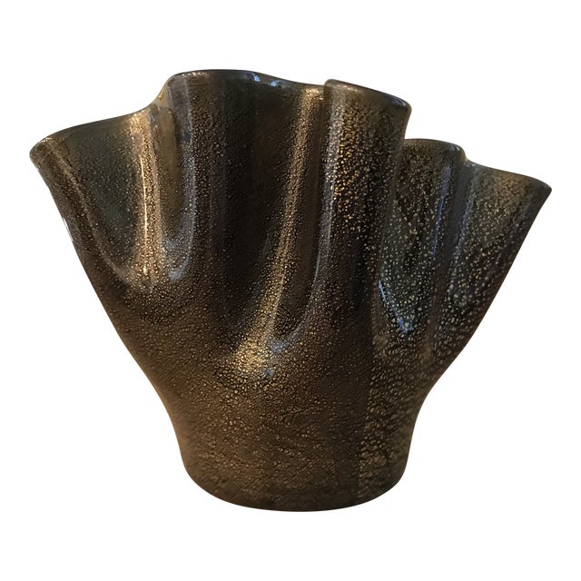 Vintage Murano Black White & Gold Folded Vase For Sale