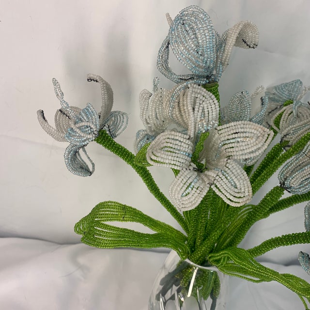 Early 20th Century French Beaded Flowers Pale Blue and White Iris For Sale - Image 5 of 12