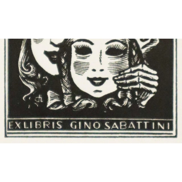 Mid-Century Modern 1959 Italian Engraving Bookplate (Ex Libris), Skeleton With Masks (Matted) For Sale - Image 3 of 4