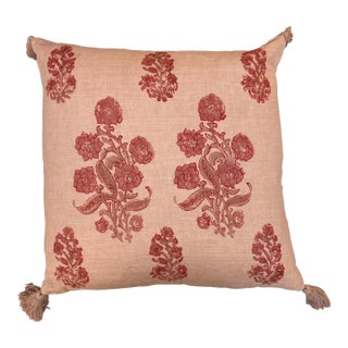 Salmon - Colored 2 Tone Pillow With Floral Design and Tassels For Sale