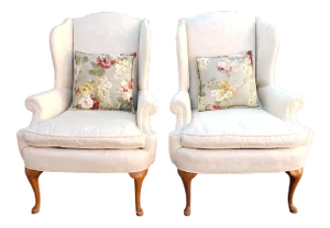 1970s Queen Anne Style Wing-Back Chairs in a Cream Swiss Floral Fabric - a Pair
