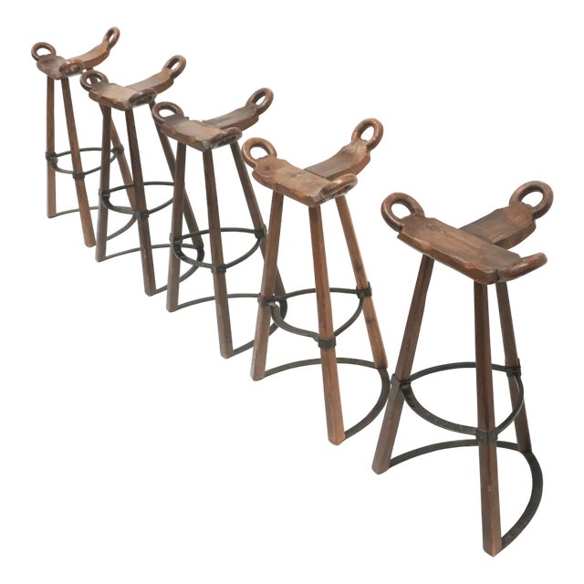 Vintage Spanish Brutalist Marbella Stools from Confonorm, 1970s, Set of 5 For Sale