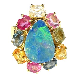 Bochic “Orient” Ruby, Blue Opal & Multi Sapphire Ring Set in 18k Gold & Silver Size 7 For Sale