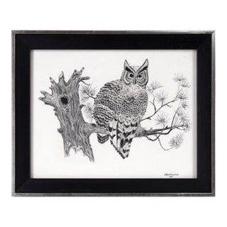 Great Horned Owl Sitting on a Branch - Illustration in Ink on Cardstock by M. Kochmaruk For Sale
