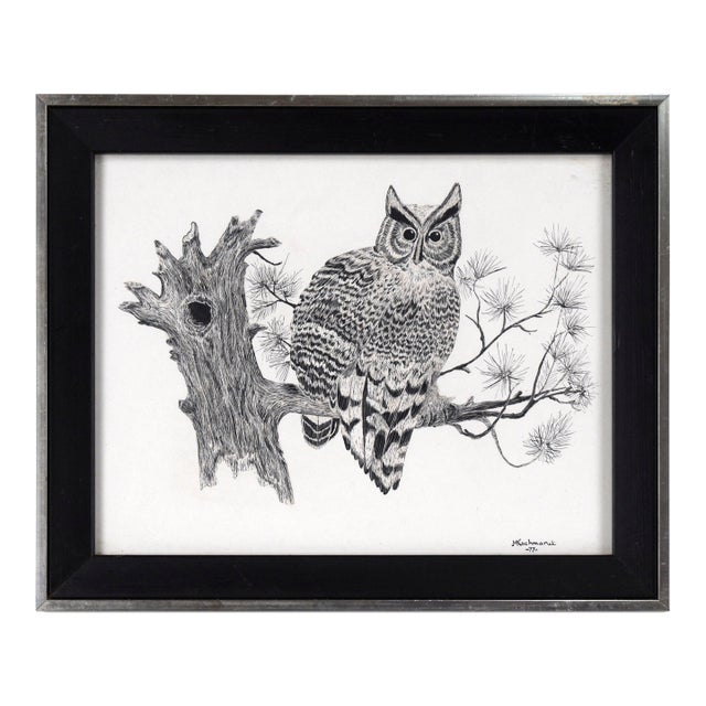 Great Horned Owl Sitting on a Branch - Illustration in Ink on Cardstock by M. Kochmaruk For Sale