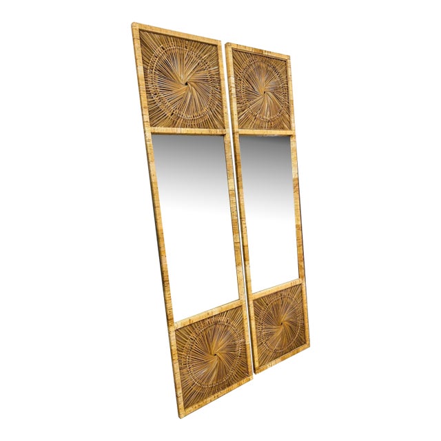 1970s Sunburst Rattan Mirror Panels - Set of 2 For Sale