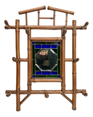 Vintage French Bamboo Wall Mounted Coat Rack with Mirror, 1940s