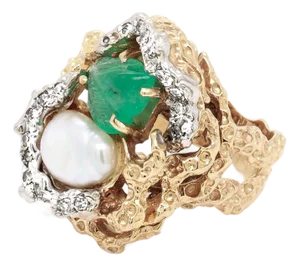 Mid-Century Brutalist Carved Emerald, Baroque Pearl, and 14k Gold Cocktail Ring