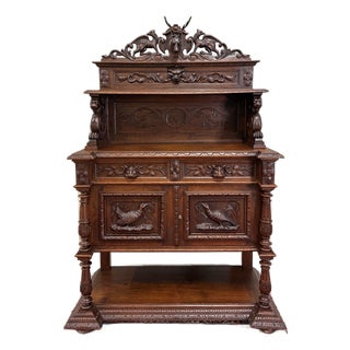 Antique French Renaissance Revival Hunt Buffet Server Sideboard Dark Oak 19c For Sale