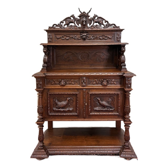 Antique French Renaissance Revival Hunt Buffet Server Sideboard Dark Oak 19c For Sale