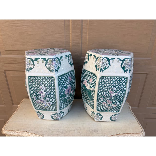 Chinoiserie Floral Green and Pink Porcelain Garden Stools or Side Tables, Pair For Sale - Image 10 of 10