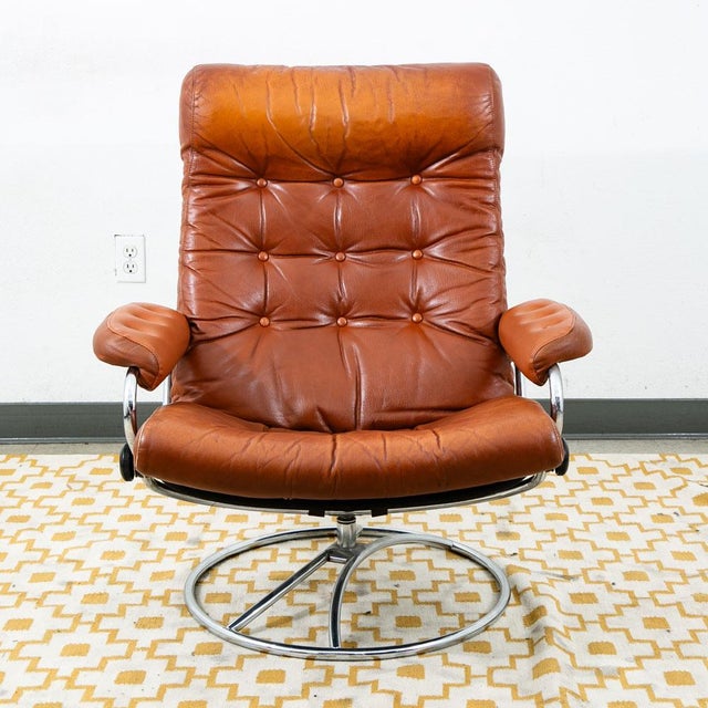 1960s Mid Century Modern Lounge Chair Red Leather Attributed to Ekornes Recliner Norway Chrome Base For Sale - Image 5 of 11