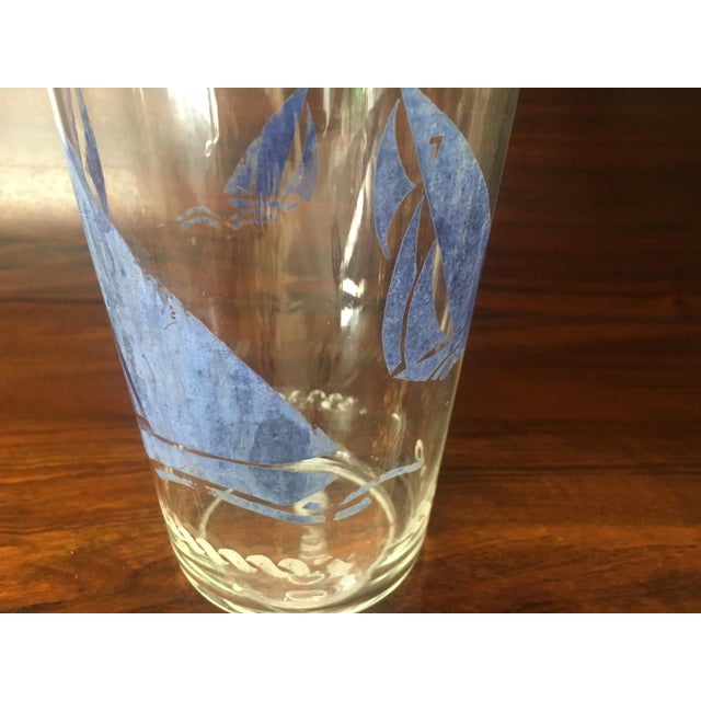Metal Art Deco Clear Glass Cocktail Shaker With Blue Transferware Sailboat Design For Sale - Image 7 of 9