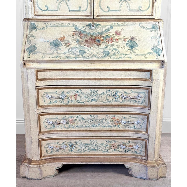 Vintage Italian Venetian Hand Painted Secretary Desk W/ Bookcase Top For Sale - Image 12 of 17
