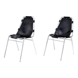 Pair Charlotte Perriand French Side Chairs in Chrome & Distressed Leather 1960 For Sale