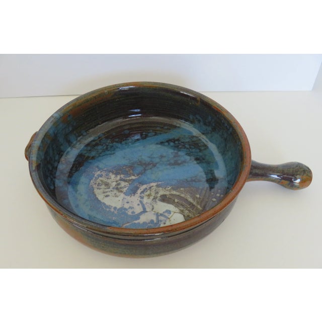 Blue Late 20th Century Signed Vintage Hand-Made Glazed Pottery Bowl With Handle Rustic Colors For Sale - Image 8 of 9