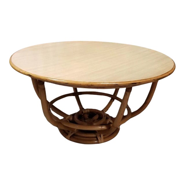 1950s Restored Rattan Round Accent Coffee Table For Sale