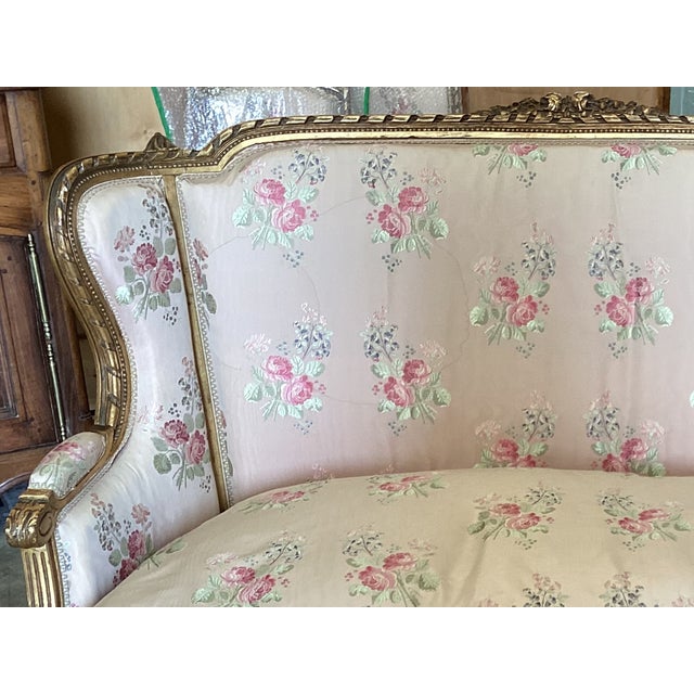 Rare Louis XVI Gilt Salon Set W/Original Silk Floral Upholstery For Sale - Image 16 of 17
