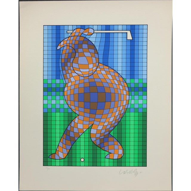 Op-Art Victor Vasarely the Golfer LTD Serigraph, Hand Signed Art LTD Green Blue For Sale In Denver - Image 6 of 8