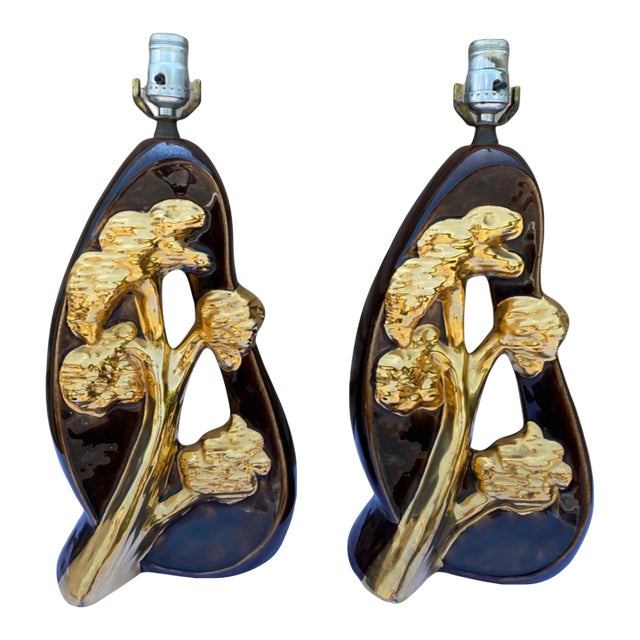 1950s Asian Ceramic Table Lamps With 22k Gold by Lampcrafts - a Pair For Sale