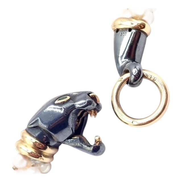 1990s Panthere De Cartier Panther Yellow Gold & Silverium Pearl Emerald Bracelet For Sale