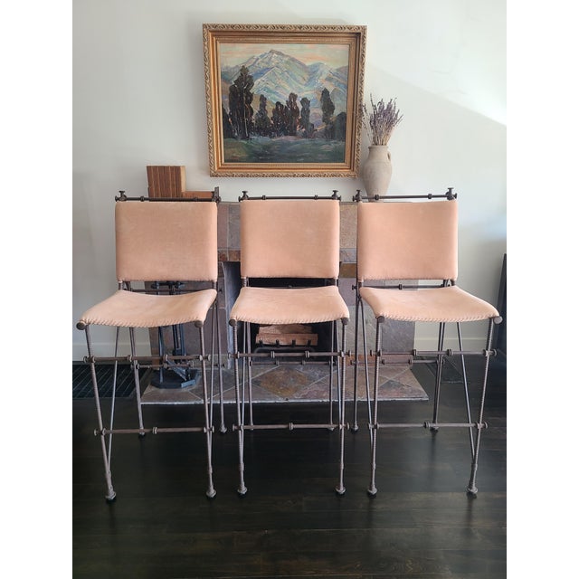 Ilana Goor Ilana Goor Style 1970's Vintage Brutalist Iron Leather Stools Set of 3 For Sale - Image 4 of 15