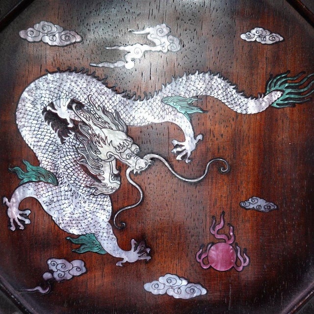 Antique Chinese Ebony Table Screen With Mother-of-Pearl Dragon Inlay For Sale In Los Angeles - Image 6 of 9