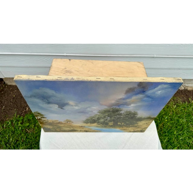 Textile Vintage Traditional Realism Landscape Still Life Original Oil on Canvas, Blue, Green, Tan For Sale - Image 7 of 12