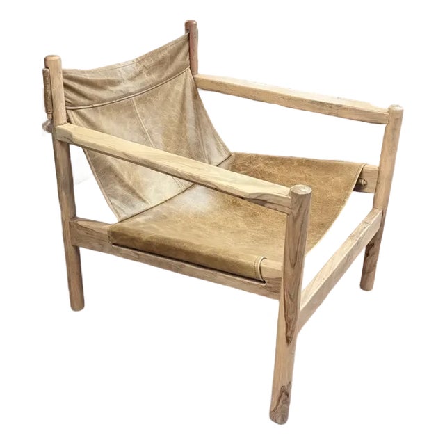 Mid Century Wood and Leather Sling Safari Lounge Chair For Sale