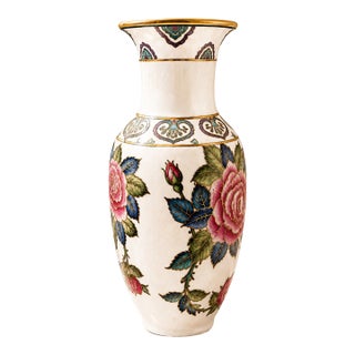 Vintage Hand-Painted Asian Porcelain Floral Vase | Pink Roses, Purple Flowers, Gold Trim 12.5in For Sale