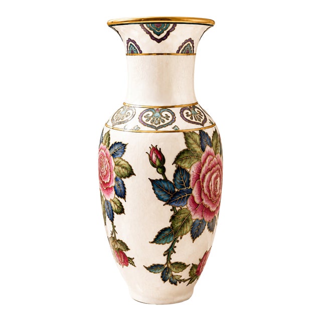Vintage Hand-Painted Asian Porcelain Floral Vase | Pink Roses, Purple Flowers, Gold Trim 12.5in For Sale