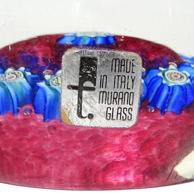 Fratelli Toso Murano Blue Amethyst White Millefiori Flowers Vintage Italian Art Glass Decorative Paperweights - Set of 3 For Sale - Image 10 of 11