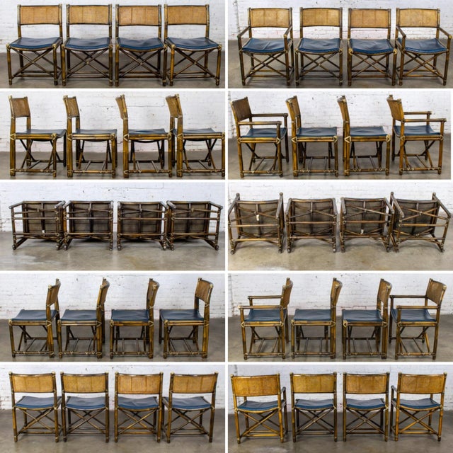 Late 20th Century Campaign Style Set of 8 Dining Chairs by McGuire Rattan Cane & Navy Leather For Sale - Image 12 of 18
