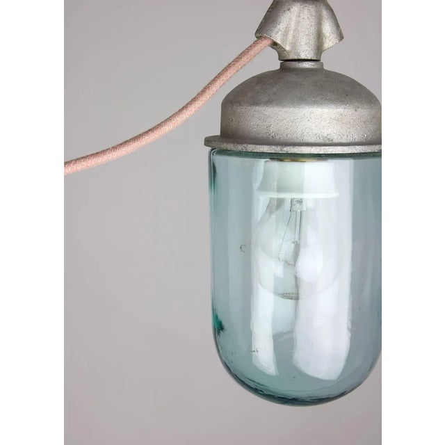 Vintage Industrial Blue Glass and Grey Metal Pendant Lamps, 1950s, Set of 2 For Sale - Image 15 of 16