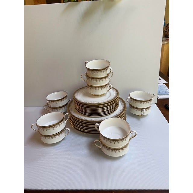 Brass 1990s Paragon"ATHENA" Pattern 31pc Dinner Set White and Gold Colors With Banded Border Gold Scrollwork For Sale - Image 8 of 16