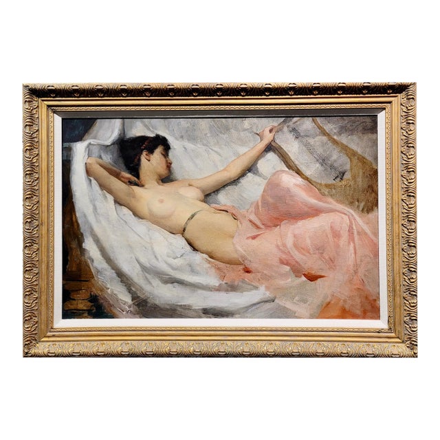Ramon Kelley -Lyre Player Female Resting Nude- Oil Painting For Sale