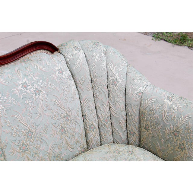 Wood Vintage French Provincial Louis XV Style Sofa / Loveseat Settee by Fogle Furniture Co. – Carved Hardwood Frame & Damask Upholstery For Sale - Image 7 of 16