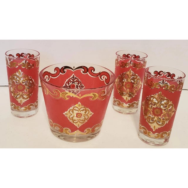 Mid-Century Modern Libby Starlyte Red & Gold Medallion Ice Bucket Bin & 3 Glasses Set- 4 Pieces For Sale In Phoenix - Image 6 of 8