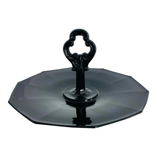 Vintage 1930s Black Glass Center Handled Server For Sale