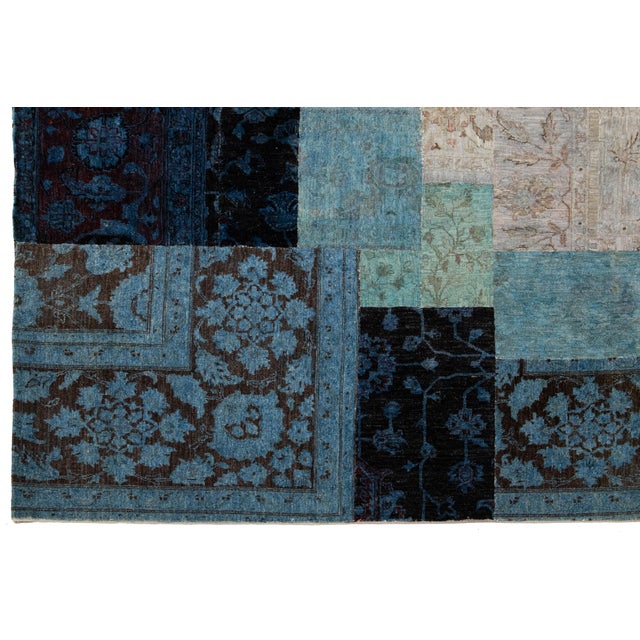 8 X 9 Modern Handcrafted Blue Wool Rug With Allover Patchwork Design For Sale - Image 4 of 8