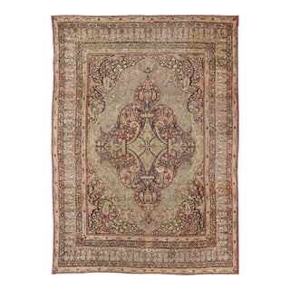 Antique 19th Century Persian Lavar Kerman Rug With Floral Medallion With Pink For Sale