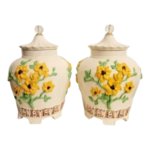 One of a Kind Vintage Huge Ceramic Raised Floral Marigold Green Regency Pagoda Ginger Jars- a Pair