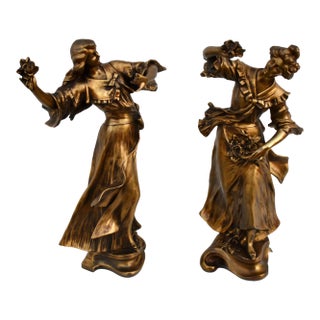 Vintage Metal Pair of Art Nouveau Woman Figures in a Bronze Finish For Sale