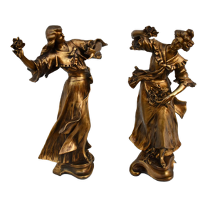 Vintage Metal Pair of Art Nouveau Woman Figures in a Bronze Finish