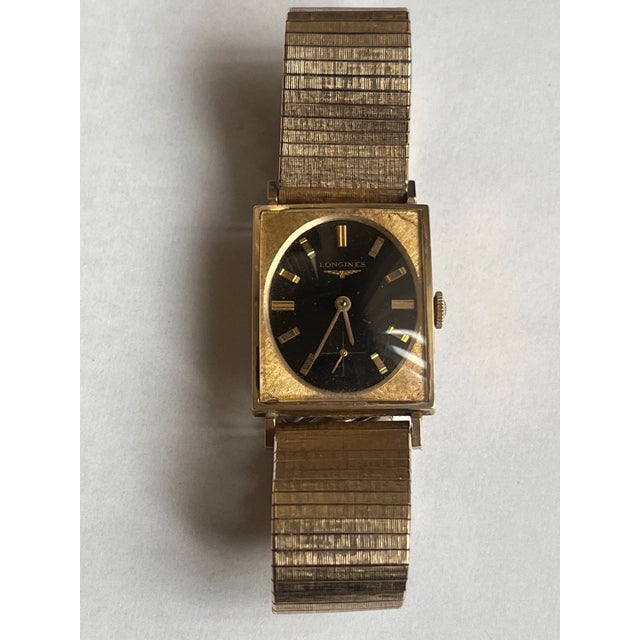 Early 20th Century Longines Vintage Rectangular Gold Filled Watch Black Dial For Sale - Image 5 of 5