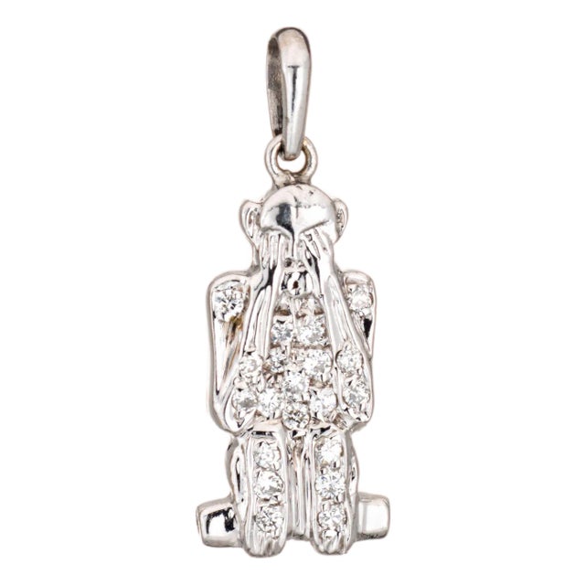 1960s See No Evil Monkey Charm Diamond Vintage 18k White Gold Pendant Fine Jewelry For Sale
