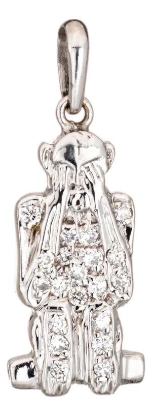 1960s See No Evil Monkey Charm Diamond Vintage 18k White Gold Pendant Fine Jewelry